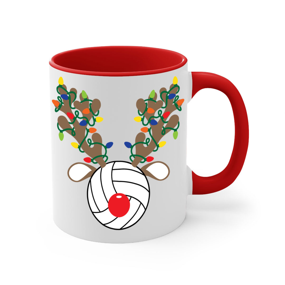 Christmas Reindeer Antler Volleyball Mug with colorful handle and glossy finish, perfect for holiday beverages.