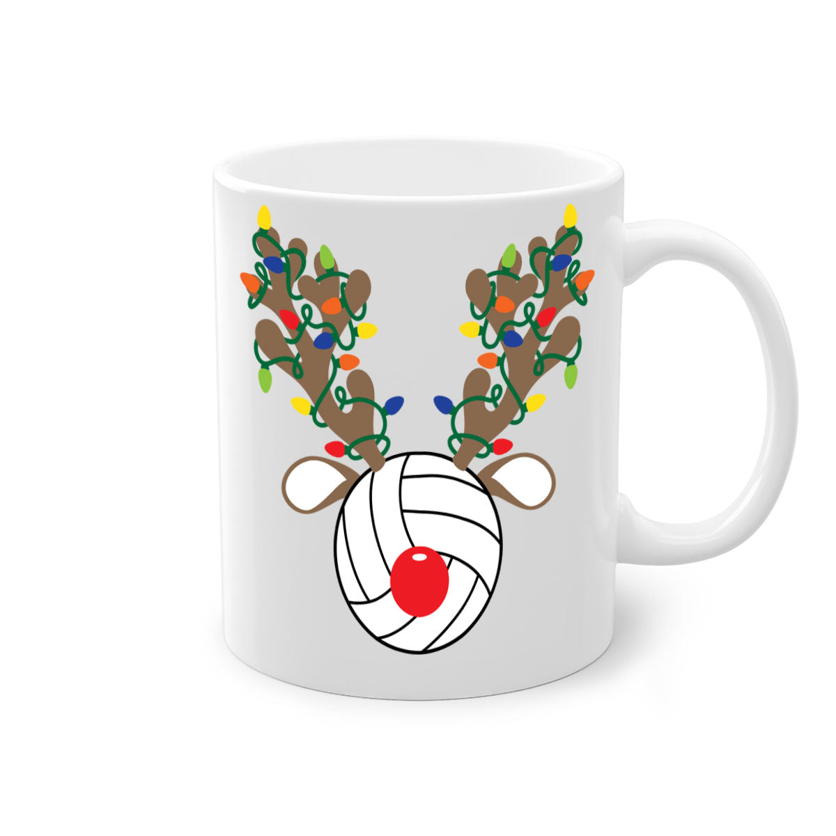 Christmas Reindeer Antler Volleyball Mug with colorful handle and glossy finish, perfect for holiday beverages.