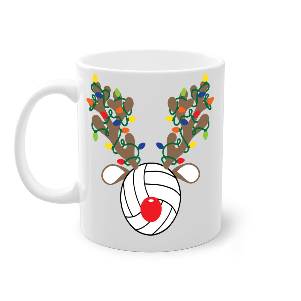 Christmas Reindeer Antler Volleyball Mug with colorful handle and glossy finish, perfect for holiday beverages.