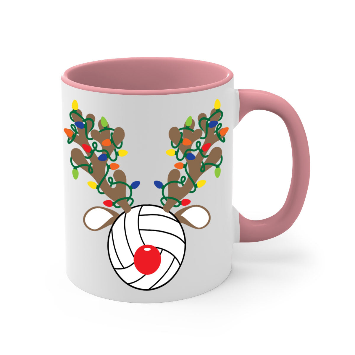Christmas Reindeer Antler Volleyball Mug with colorful handle and glossy finish, perfect for holiday beverages.
