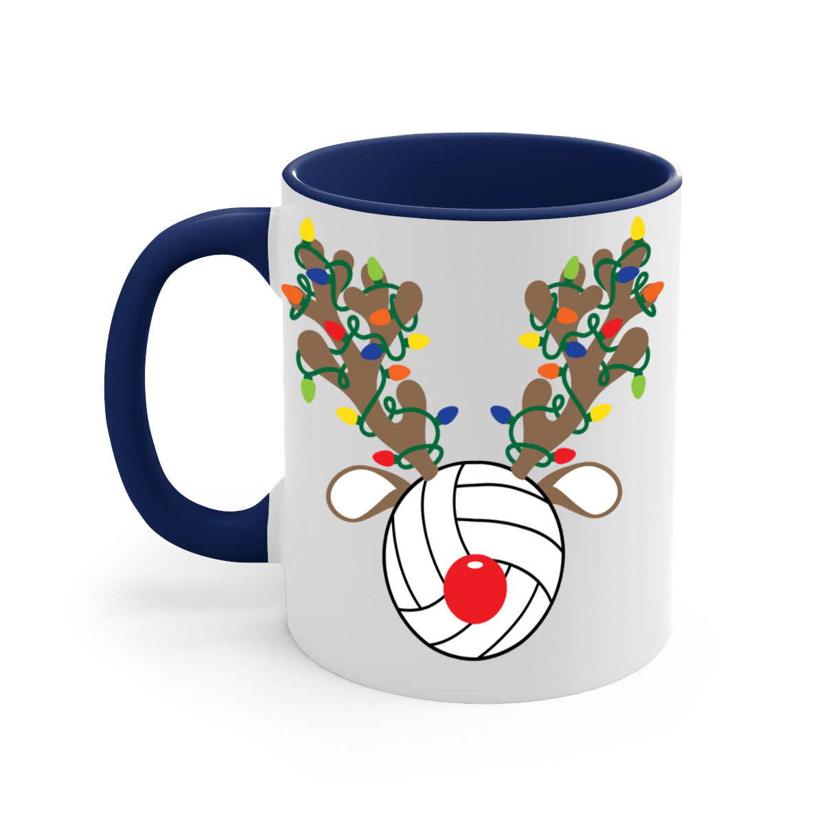 Christmas Reindeer Antler Volleyball Mug with colorful handle and glossy finish, perfect for holiday beverages.
