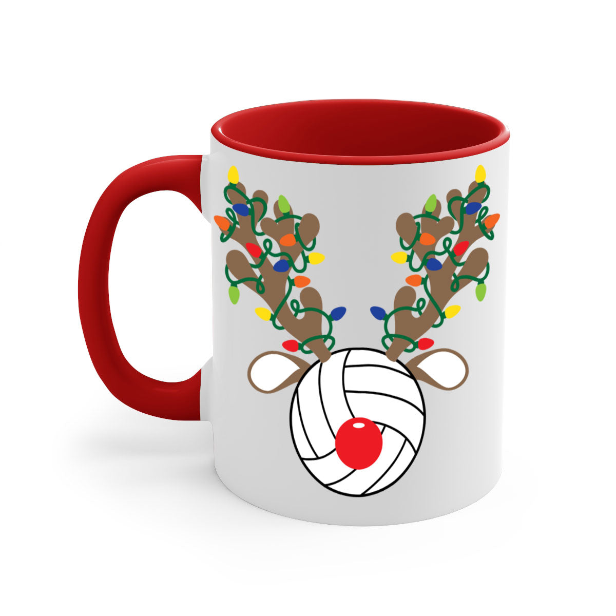 Christmas Reindeer Antler Volleyball Mug with colorful handle and glossy finish, perfect for holiday beverages.