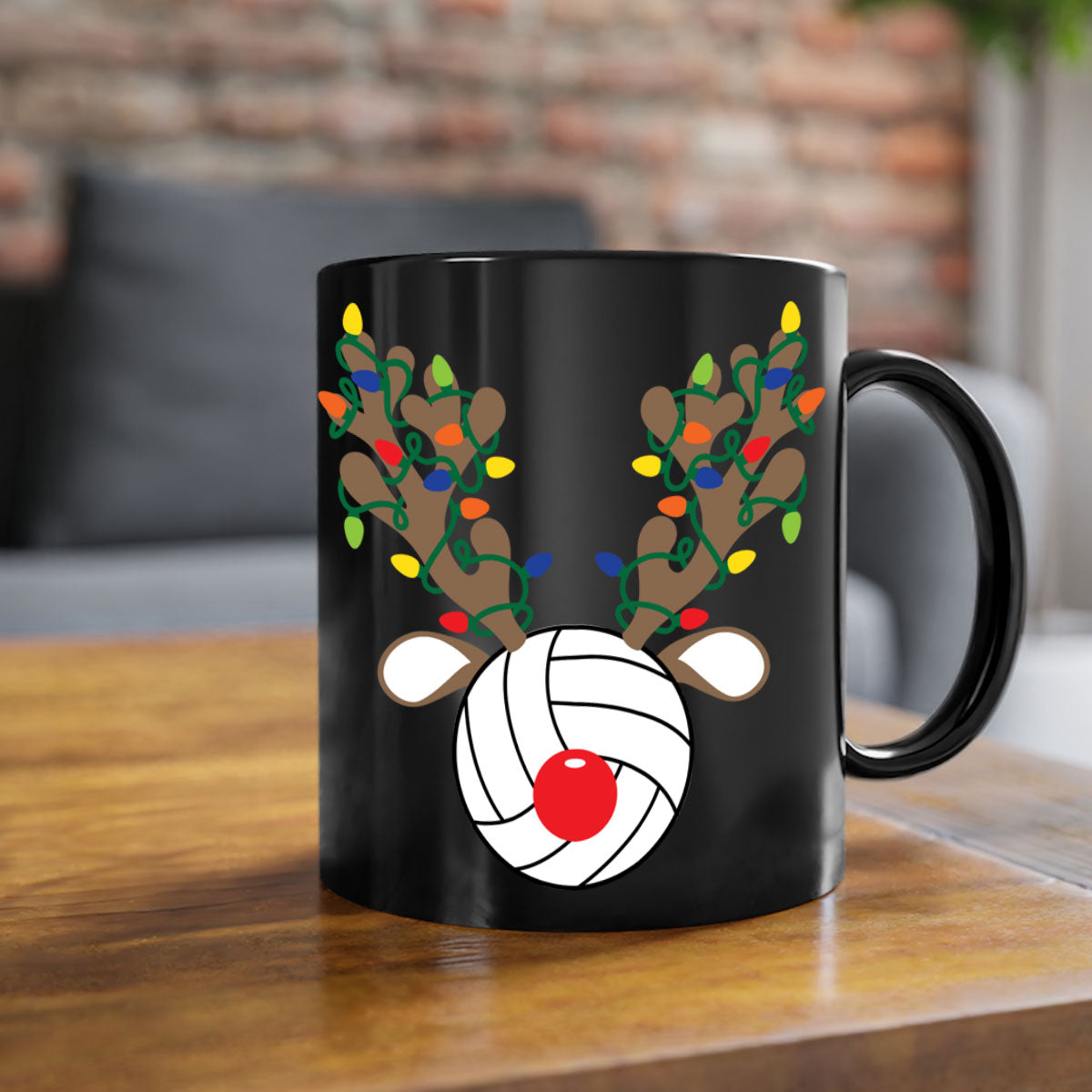 Christmas Reindeer Antler Volleyball Mug with colorful handle and glossy finish, perfect for holiday beverages.