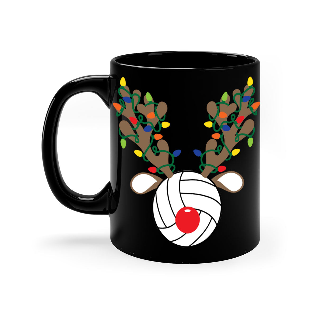 Christmas Reindeer Antler Volleyball Mug with colorful handle and glossy finish, perfect for holiday beverages.