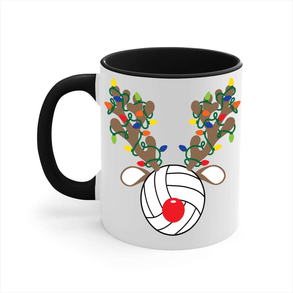 Christmas Reindeer Antler Volleyball Mug with colorful handle and glossy finish, perfect for holiday beverages.