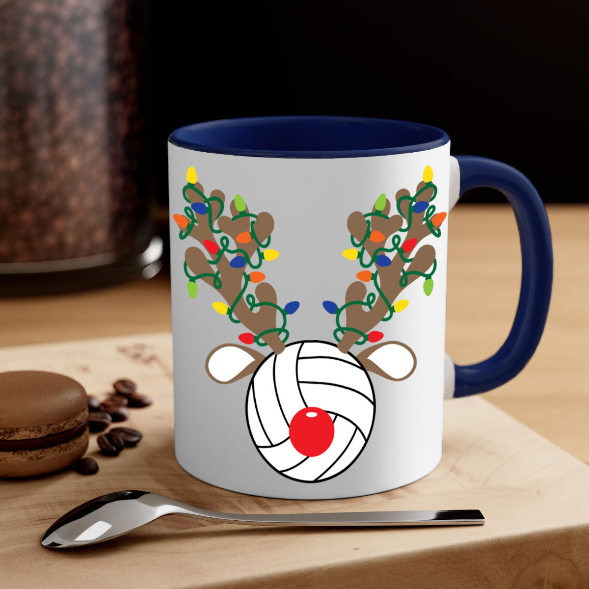 Christmas Reindeer Antler Volleyball Mug with colorful handle and glossy finish, perfect for holiday beverages.