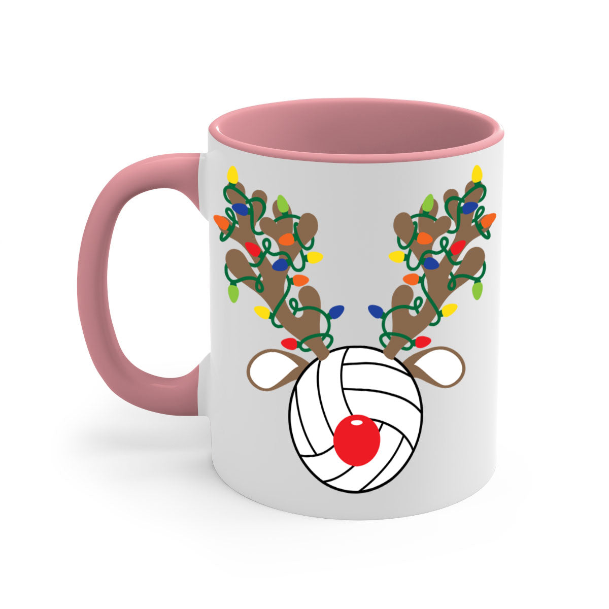 Christmas Reindeer Antler Volleyball Mug with colorful handle and glossy finish, perfect for holiday beverages.