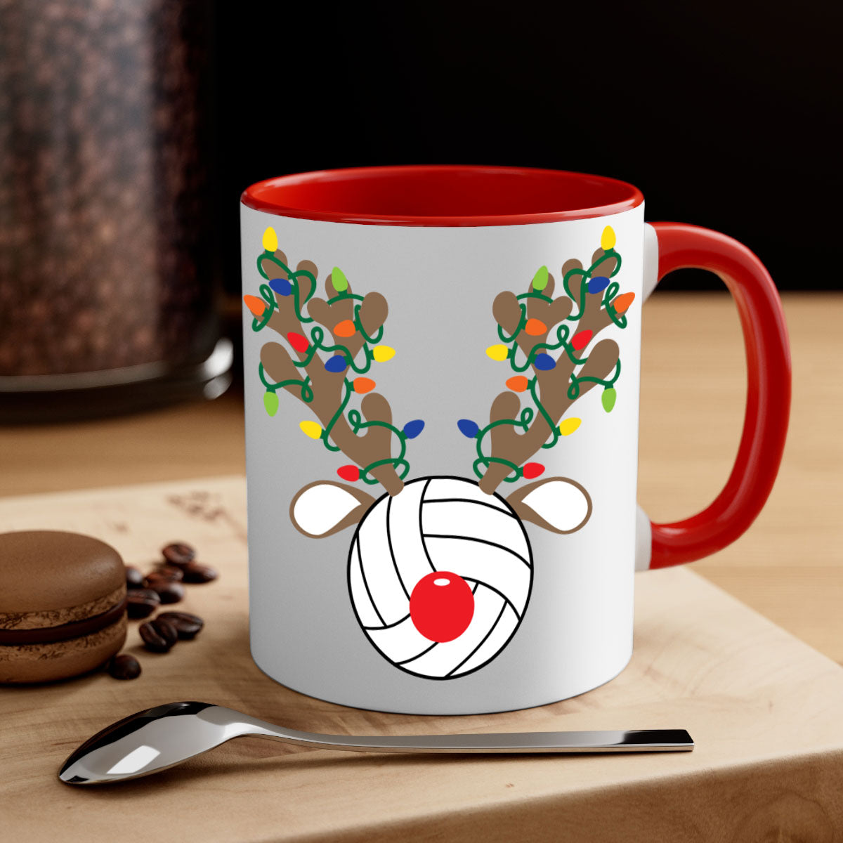 Christmas Reindeer Antler Volleyball Mug with colorful handle and glossy finish, perfect for holiday beverages.