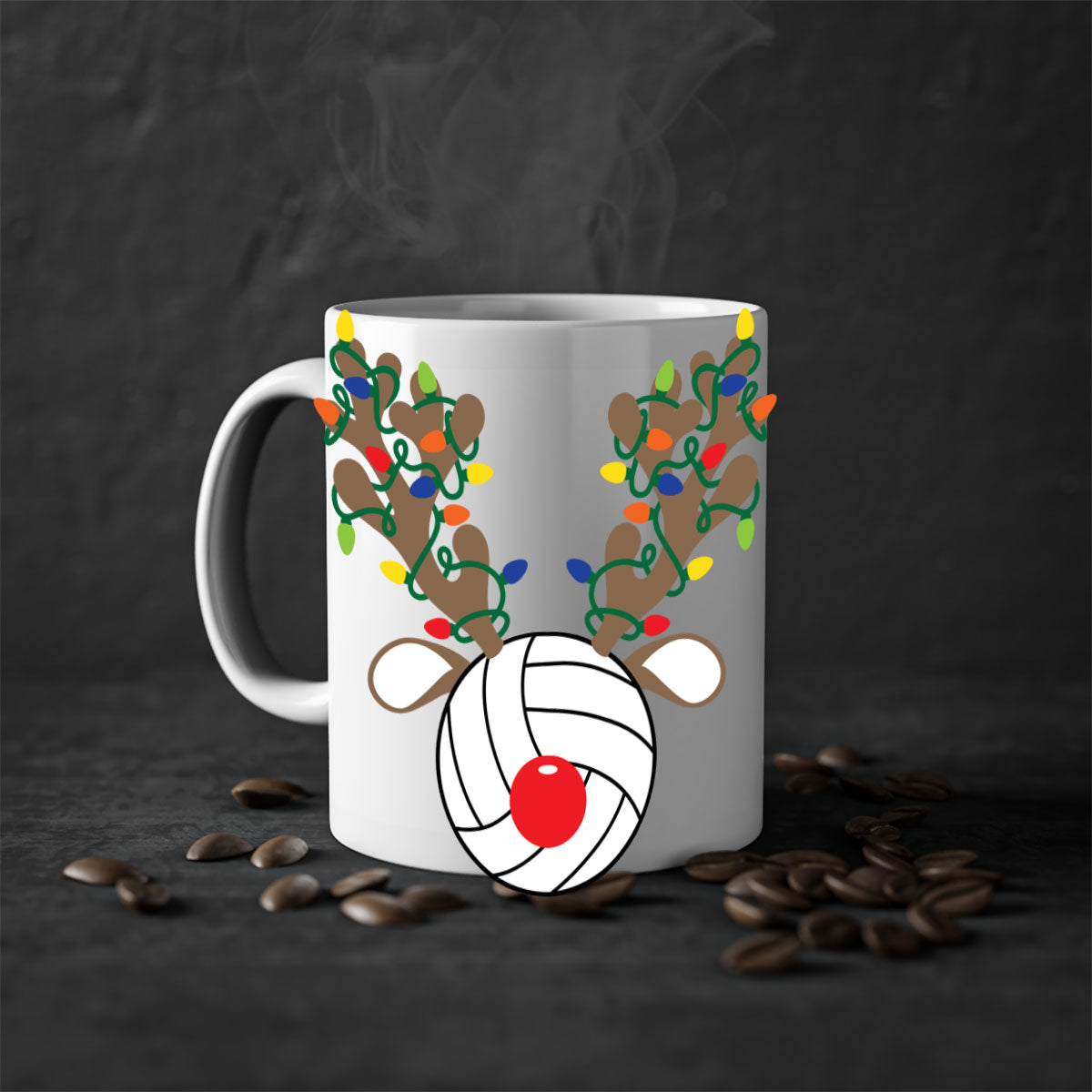 Christmas Reindeer Antler Volleyball Mug with colorful handle and glossy finish, perfect for holiday beverages.