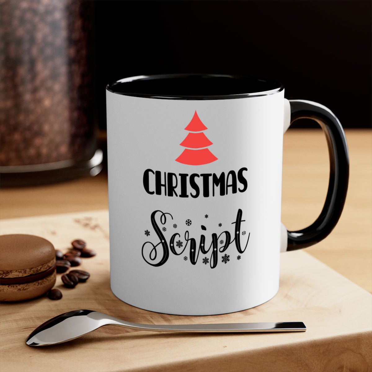 Christmas script style 122# mug with colorful handle and glossy finish, perfect for holiday beverages.