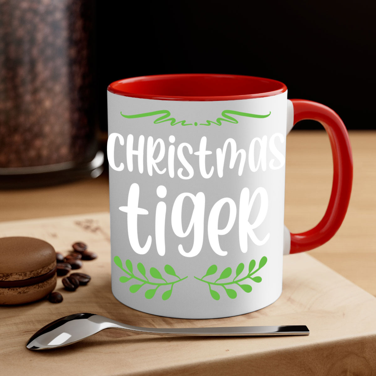 Christmas Tiger Style Mug featuring a two-tone design with a colored handle and glossy finish, perfect for holiday beverages.