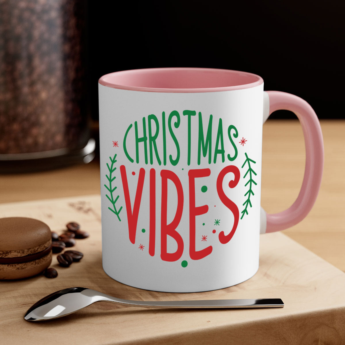 A festive two-tone Christmas mug with a glossy finish, featuring a colored handle and interior, available in five vibrant colors.