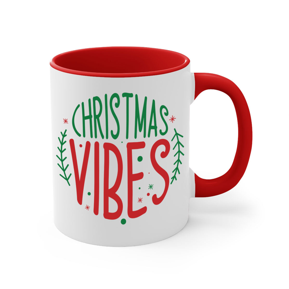 A festive two-tone Christmas mug with a glossy finish, featuring a colored handle and interior, available in five vibrant colors.