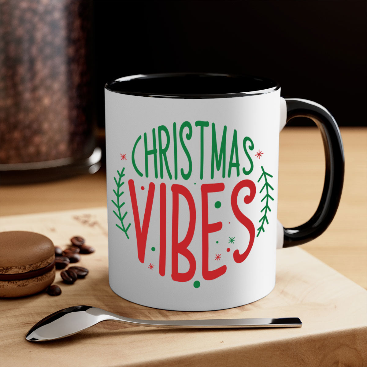 A festive two-tone Christmas mug with a glossy finish, featuring a colored handle and interior, available in five vibrant colors.