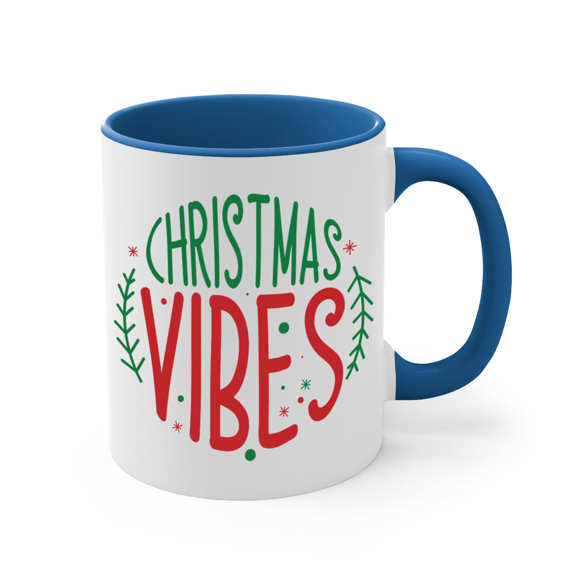 A festive two-tone Christmas mug with a glossy finish, featuring a colored handle and interior, available in five vibrant colors.