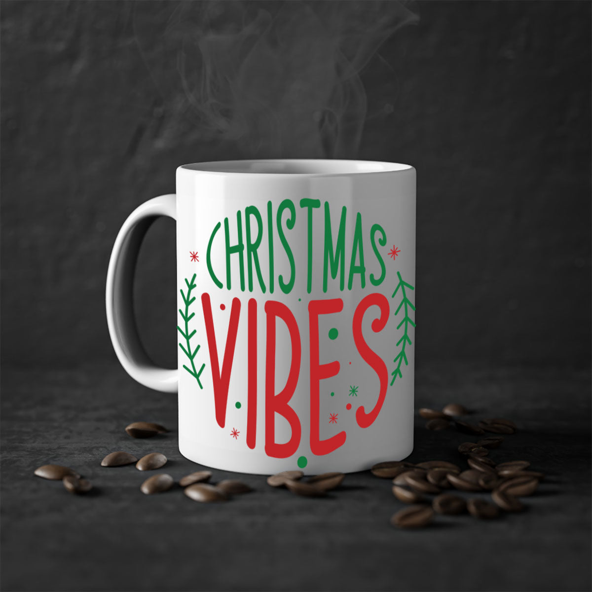 A festive two-tone Christmas mug with a glossy finish, featuring a colored handle and interior, available in five vibrant colors.