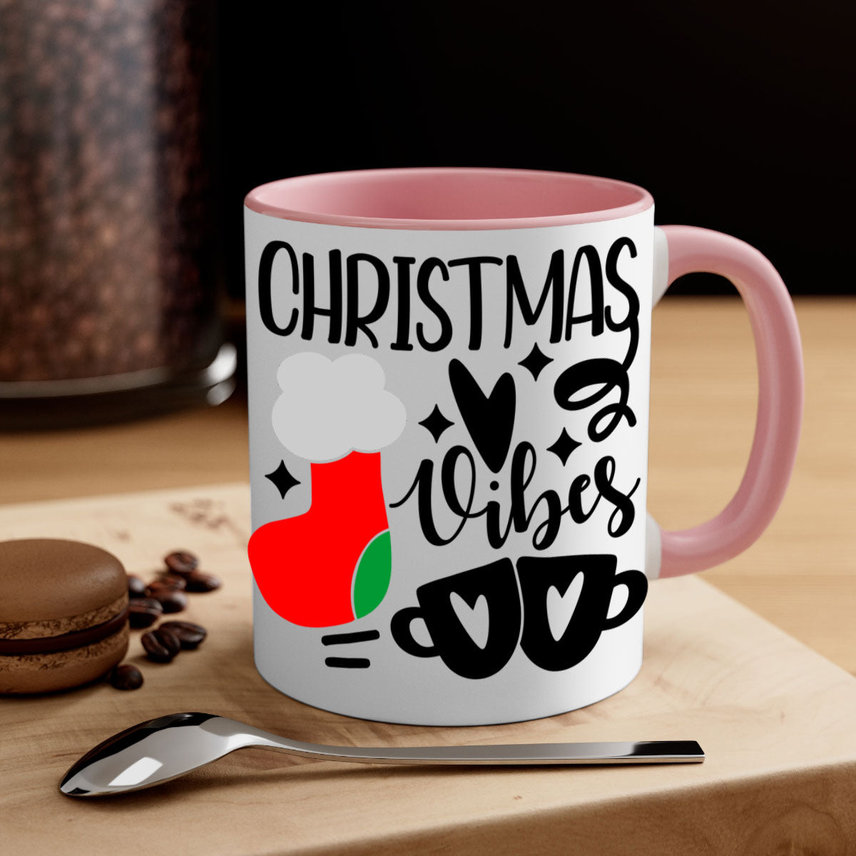 A festive two-tone Christmas mug with a glossy finish, featuring a colored handle and interior, perfect for coffee or tea.