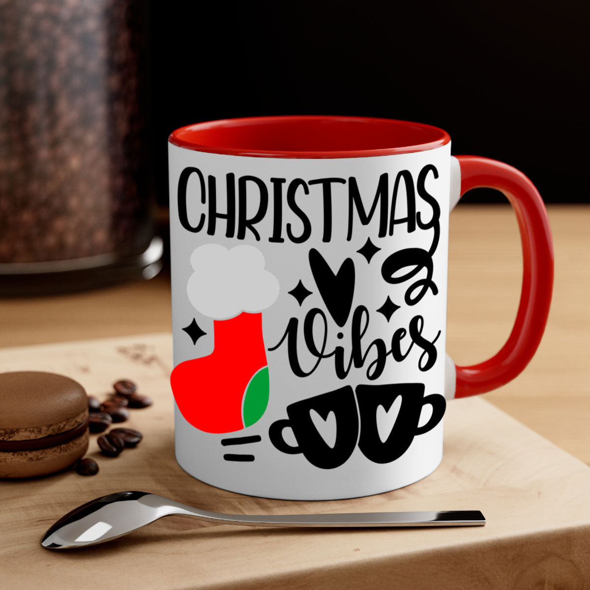 A festive two-tone Christmas mug with a glossy finish, featuring a colored handle and interior, perfect for coffee or tea.