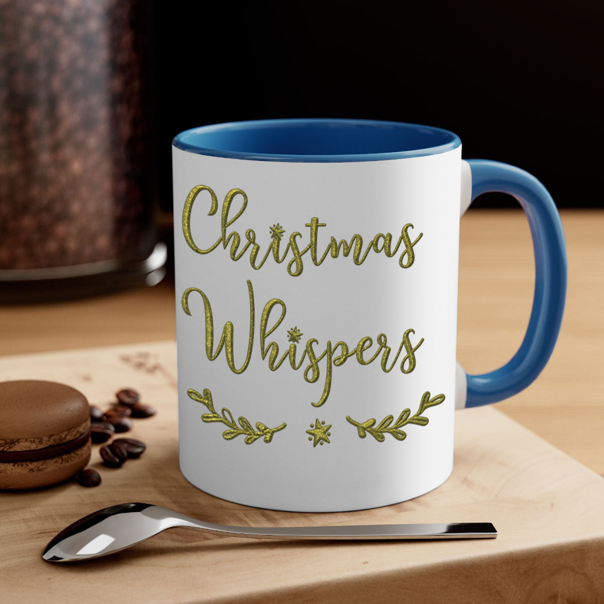 Christmas Whispers Green 381# Mug featuring a glossy finish, colored handle, and interior, available in multiple colors and sizes.