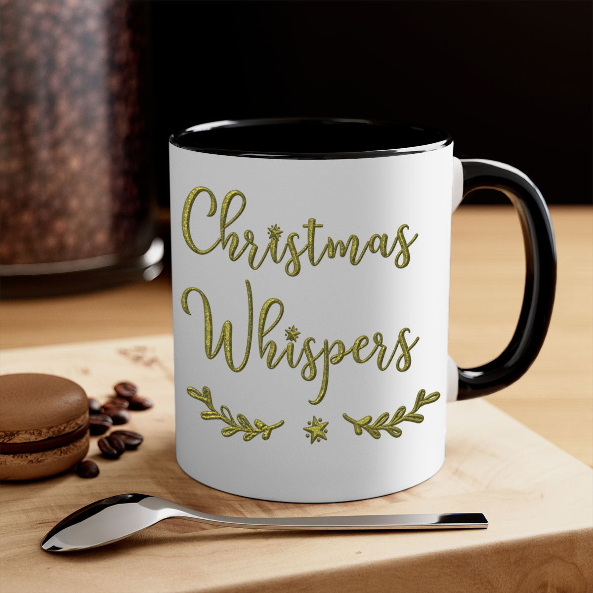 Christmas Whispers Green 381# Mug featuring a glossy finish, colored handle, and interior, available in multiple colors and sizes.