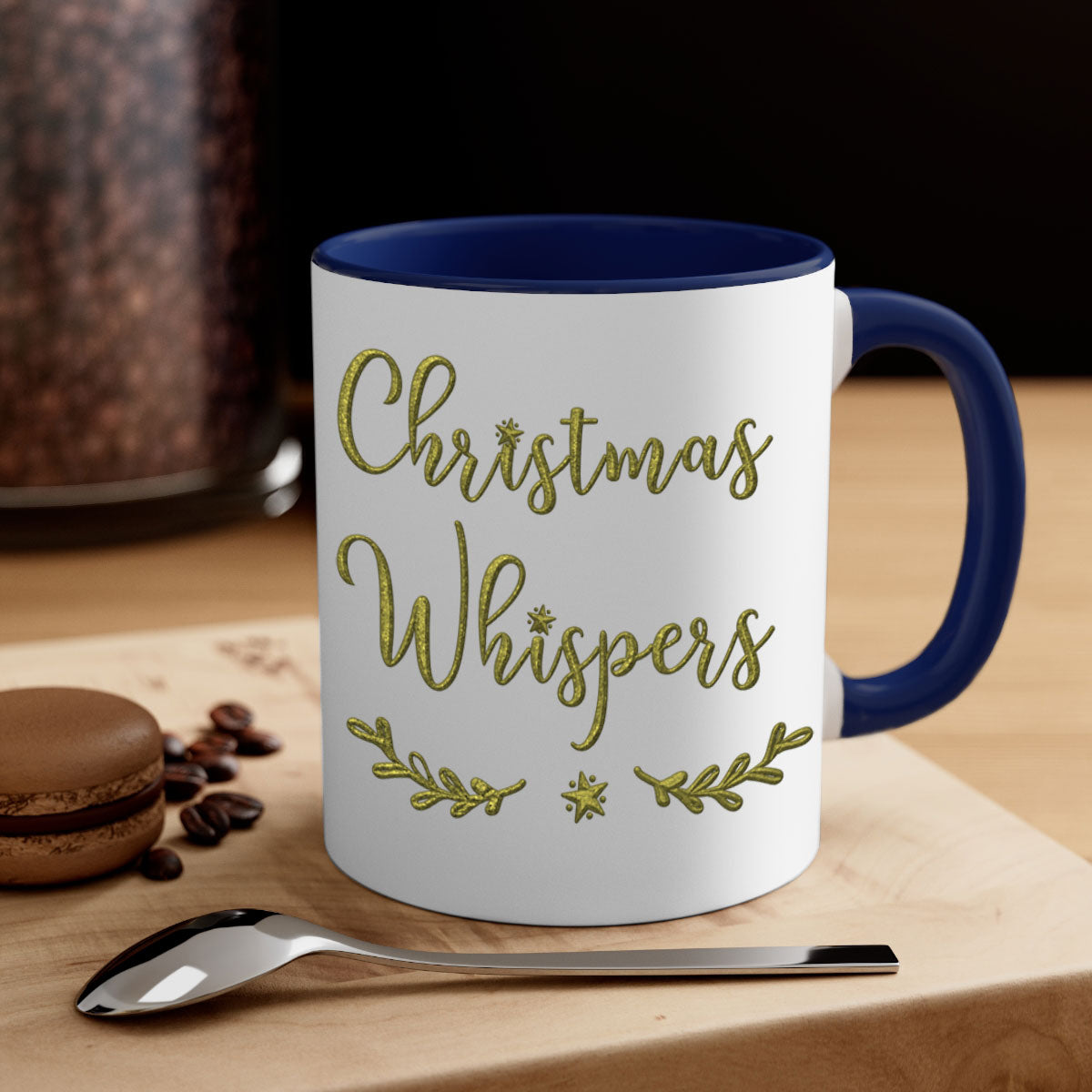 Christmas Whispers Green 381# Mug featuring a glossy finish, colored handle, and interior, available in multiple colors and sizes.