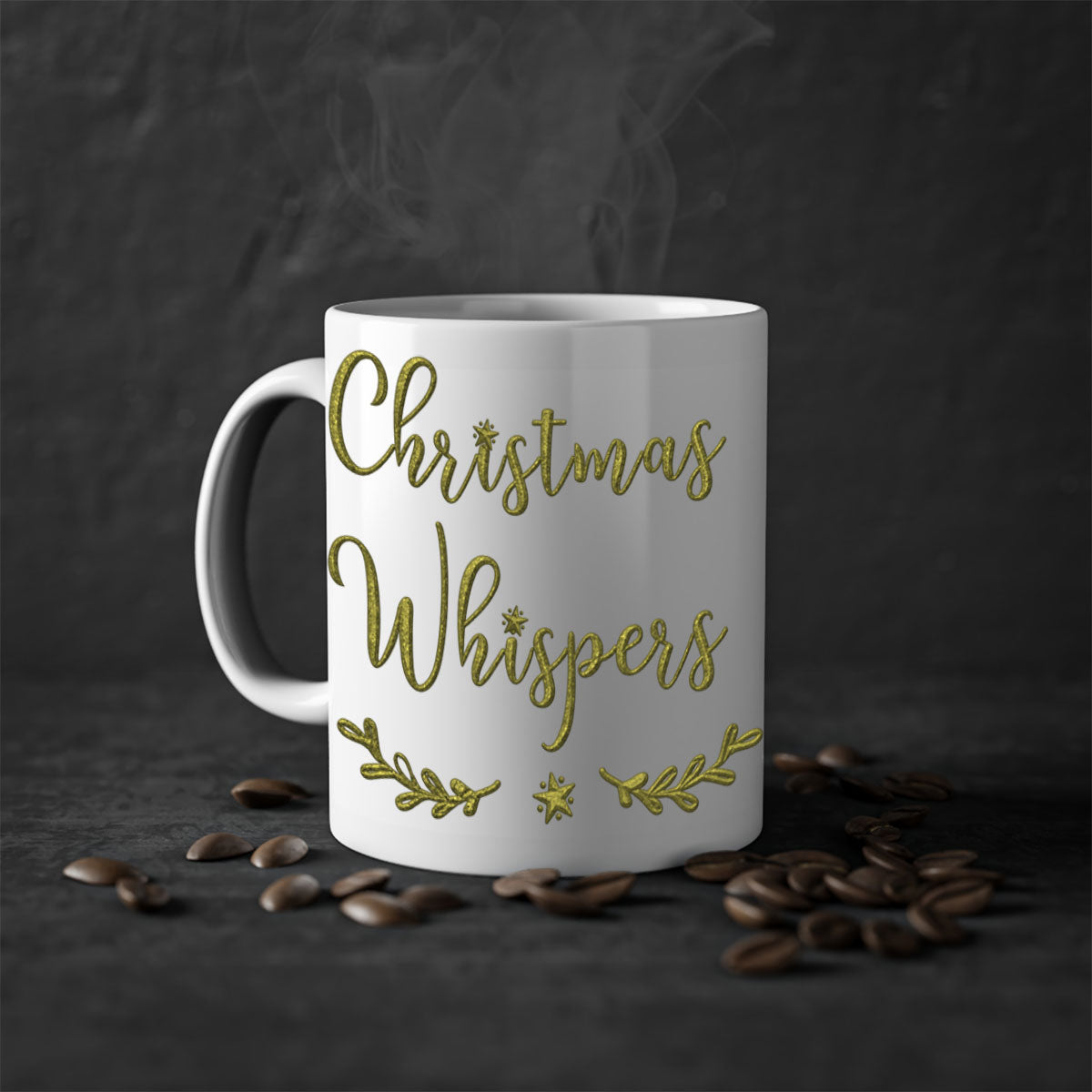 Christmas Whispers Green 381# Mug featuring a glossy finish, colored handle, and interior, available in multiple colors and sizes.