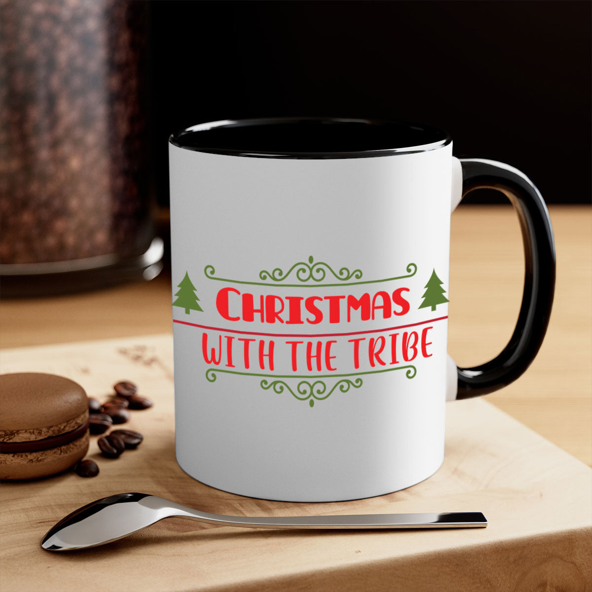 Christmas with the Tribe Style 128# Mug featuring a glossy finish and colorful handle, perfect for coffee and tea lovers.