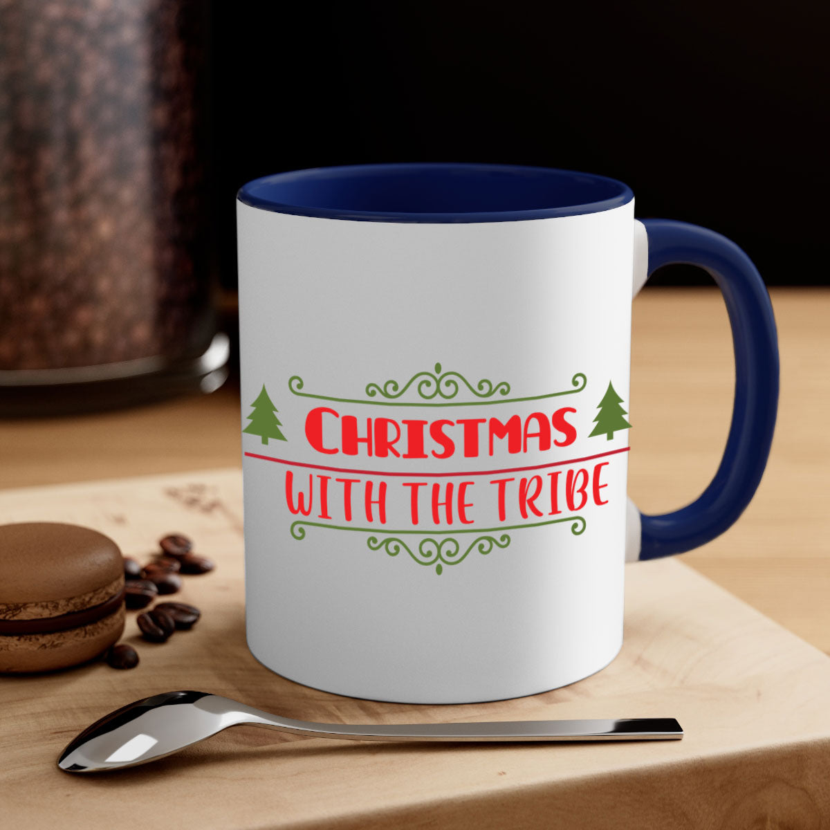 Christmas with the Tribe Style 128# Mug featuring a glossy finish and colorful handle, perfect for coffee and tea lovers.
