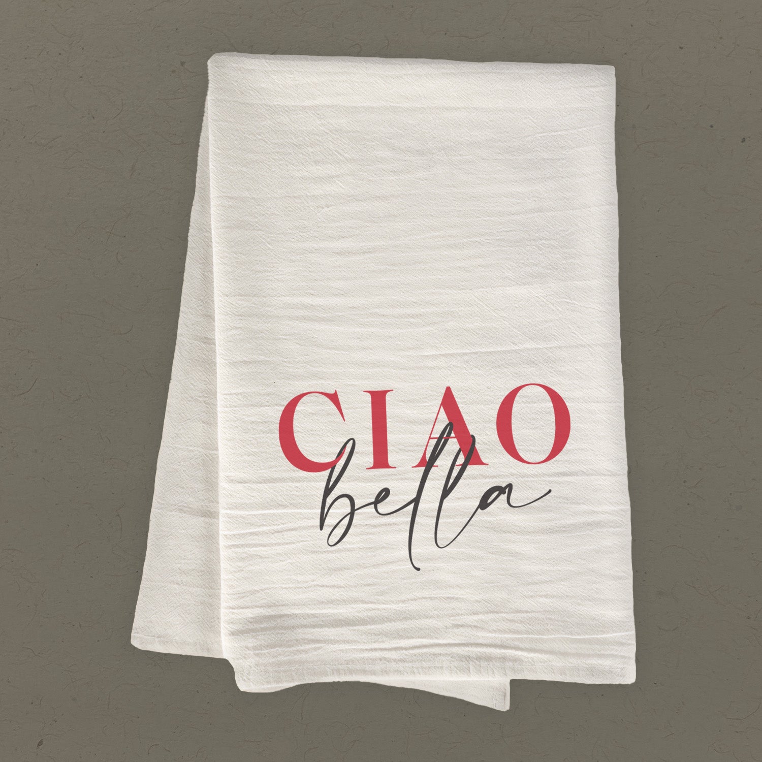 Ciao Bella Cotton Tea Towel featuring vibrant water-based ink prints on absorbent cotton fabric, ideal for kitchen use.