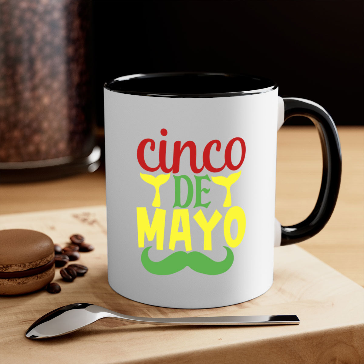 Cinco de Mayo two-tone coffee mug with colored handle and glossy finish, available in multiple colors.