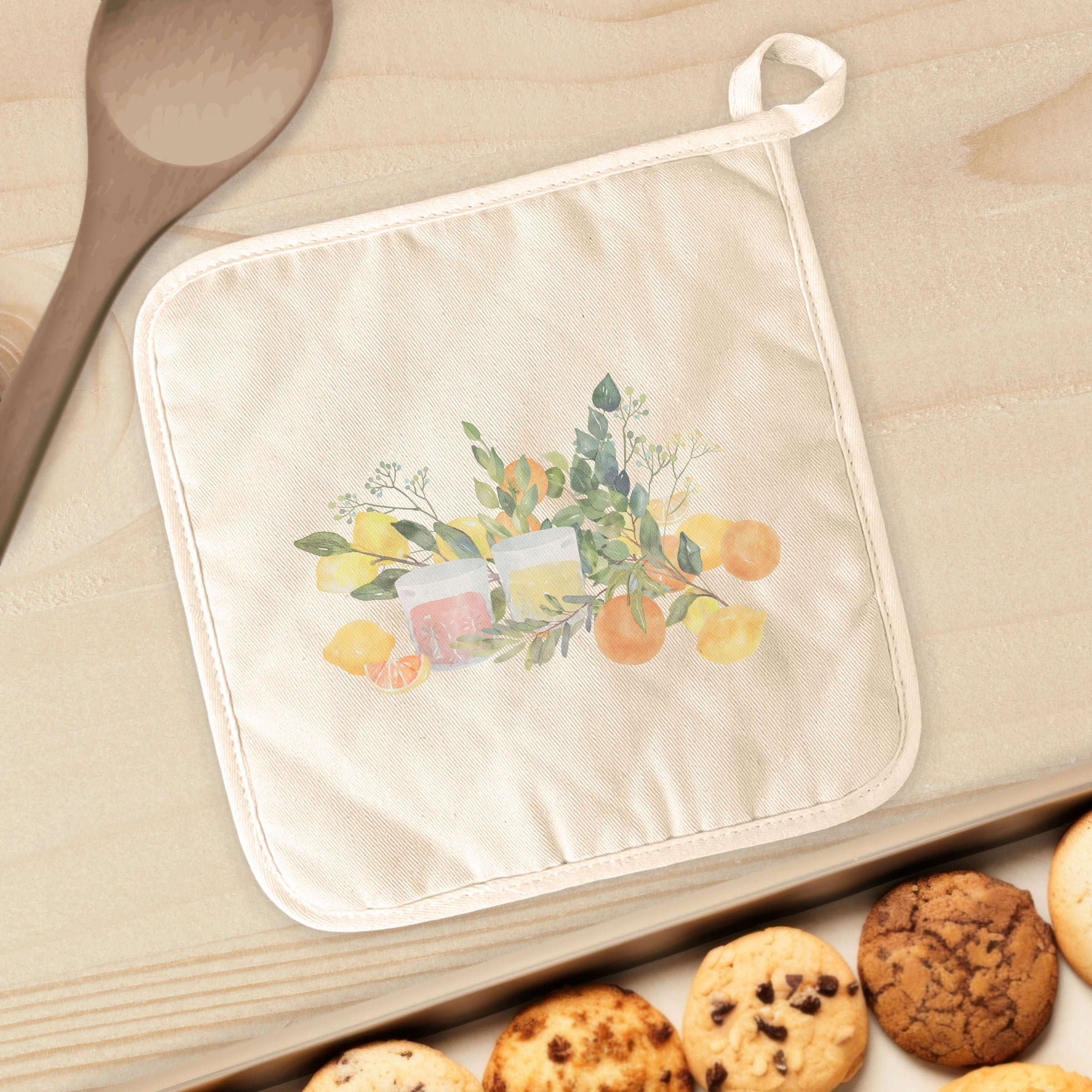 Citrus Cocktails Cotton Pot Holder featuring vibrant colors and a quilted design, perfect for protecting surfaces from hot cookware.