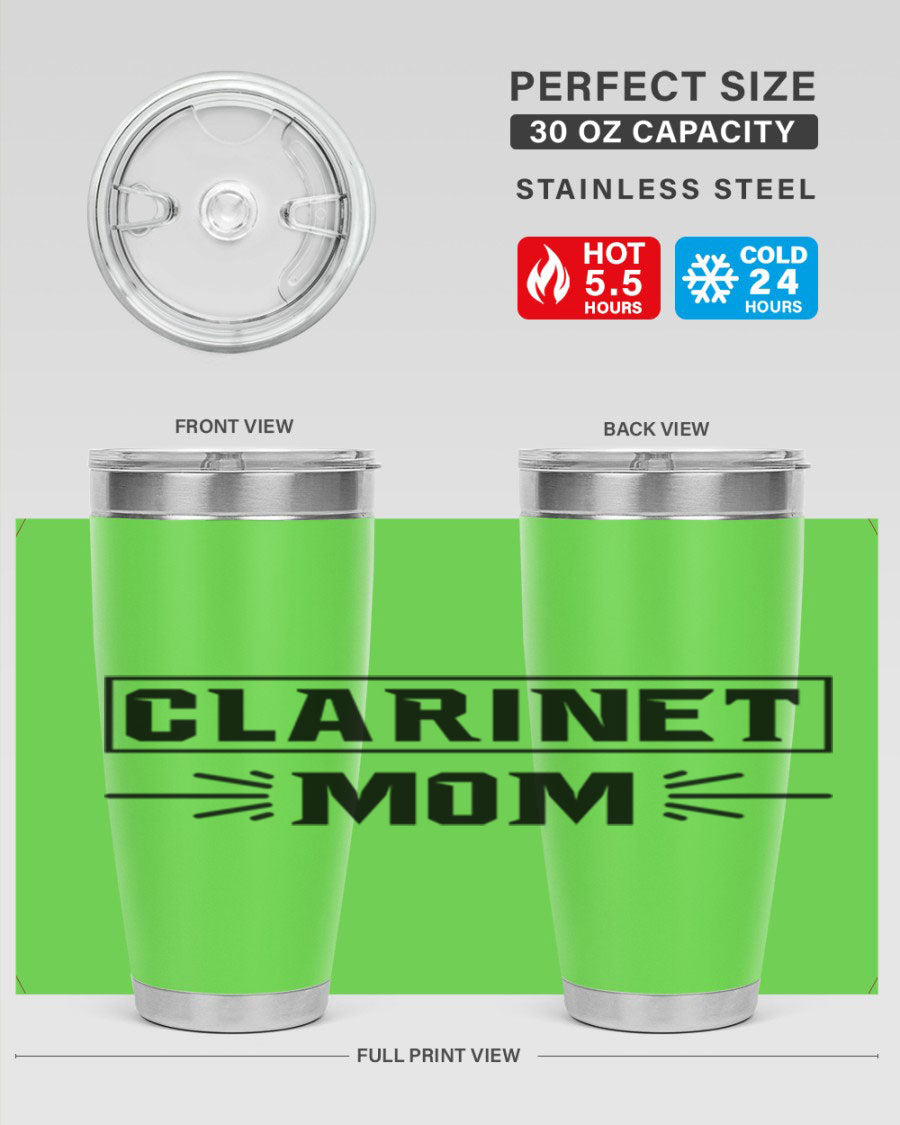 Clarinet Mom 20oz Tumbler featuring a stylish design, double wall vacuum insulation, and a drink-thru lid, perfect for music lovers.