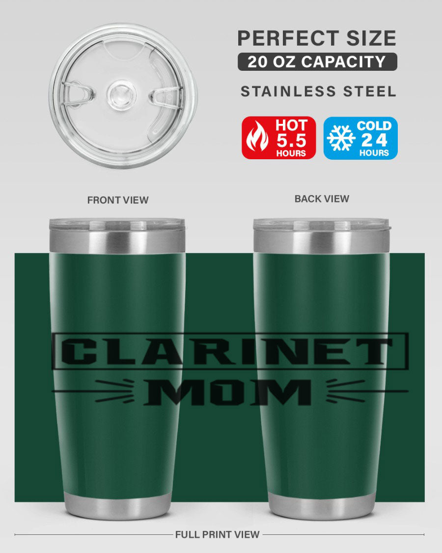 Clarinet Mom 20oz Tumbler featuring a stylish design, double wall vacuum insulation, and a drink-thru lid, perfect for music lovers.