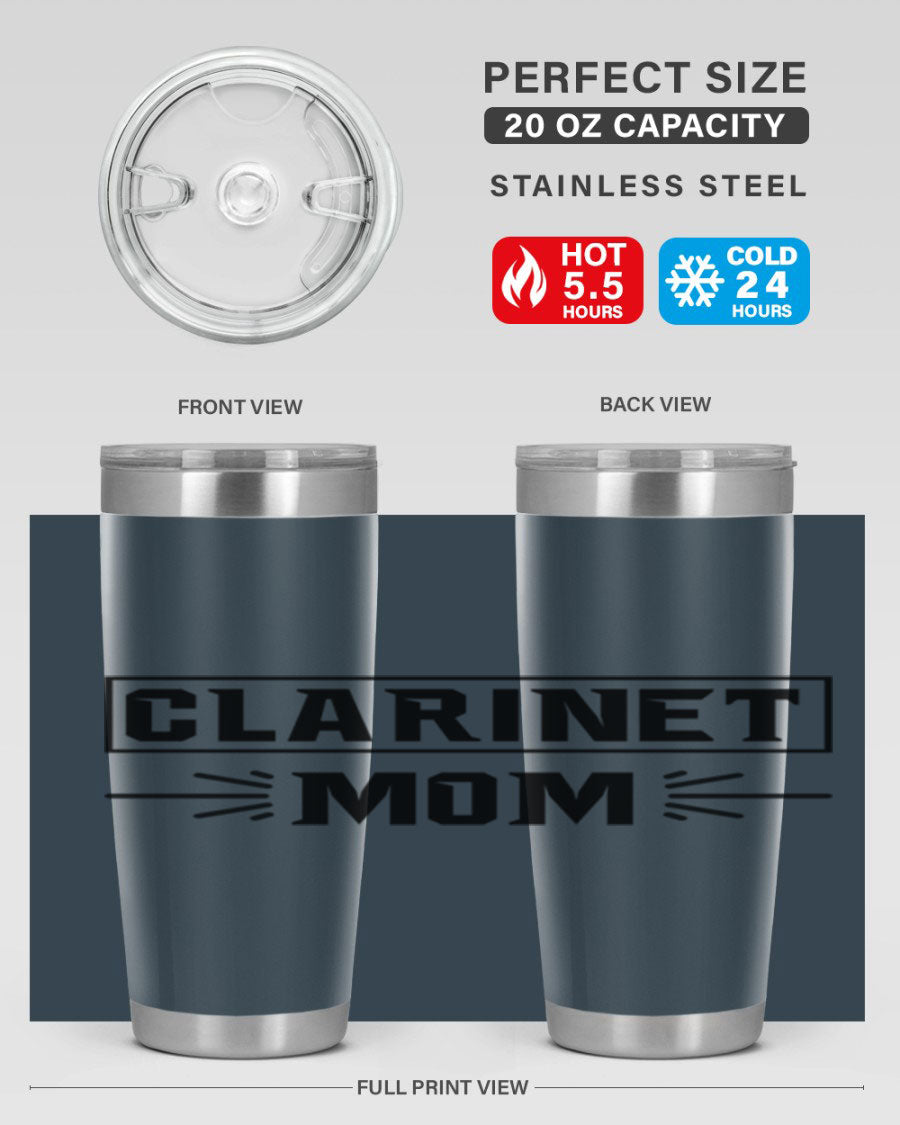 Clarinet Mom 20oz Tumbler featuring a stylish design, double wall vacuum insulation, and a drink-thru lid, perfect for music lovers.