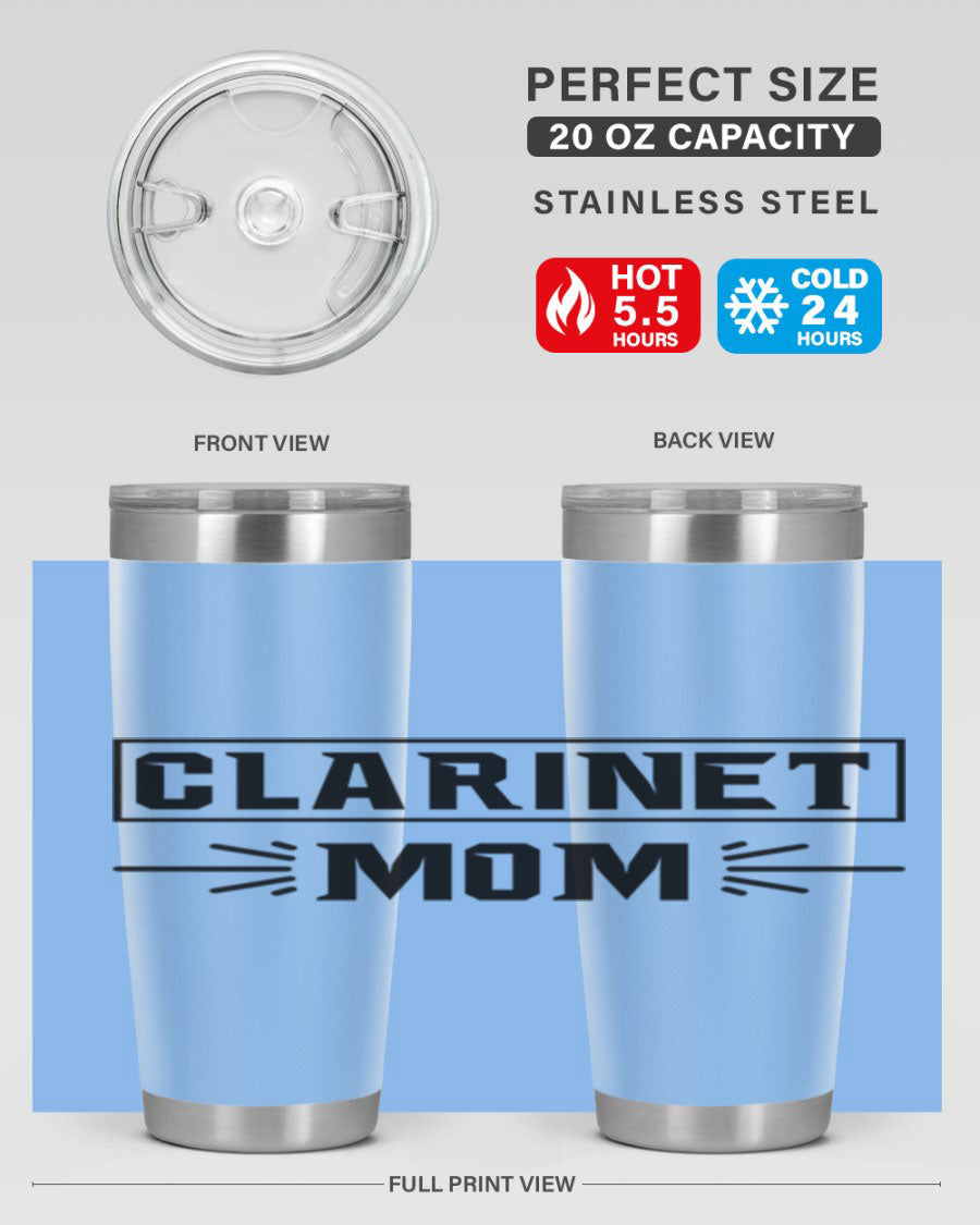 Clarinet Mom 20oz Tumbler featuring a stylish design, double wall vacuum insulation, and a drink-thru lid, perfect for music lovers.