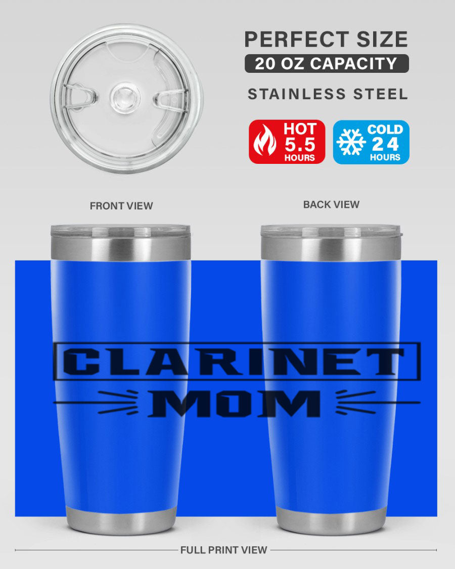 Clarinet Mom 20oz Tumbler featuring a stylish design, double wall vacuum insulation, and a drink-thru lid, perfect for music lovers.