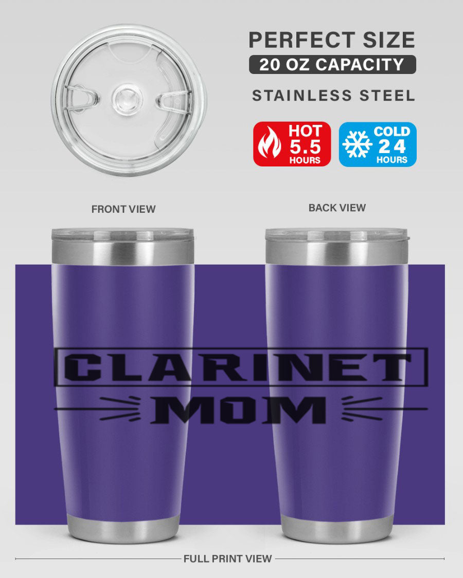 Clarinet Mom 20oz Tumbler featuring a stylish design, double wall vacuum insulation, and a drink-thru lid, perfect for music lovers.