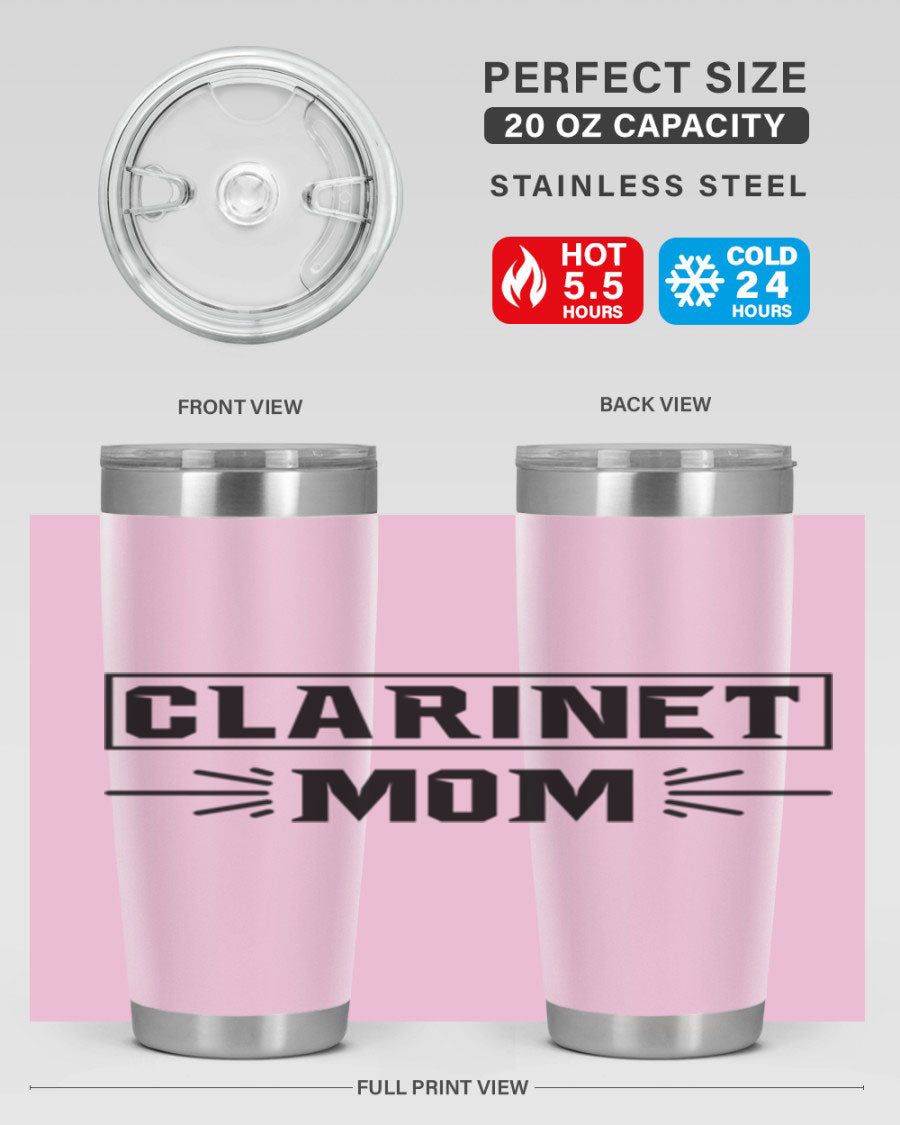 Clarinet Mom 20oz Tumbler featuring a stylish design, double wall vacuum insulation, and a drink-thru lid, perfect for music lovers.