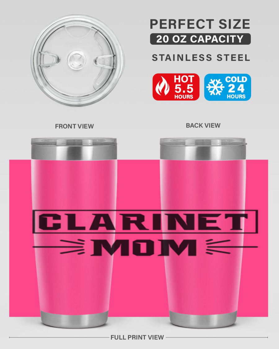 Clarinet Mom 20oz Tumbler featuring a stylish design, double wall vacuum insulation, and a drink-thru lid, perfect for music lovers.