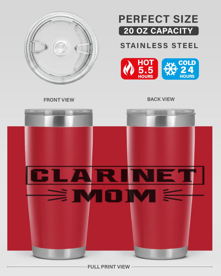 Clarinet Mom 20oz Tumbler featuring a stylish design, double wall vacuum insulation, and a drink-thru lid, perfect for music lovers.
