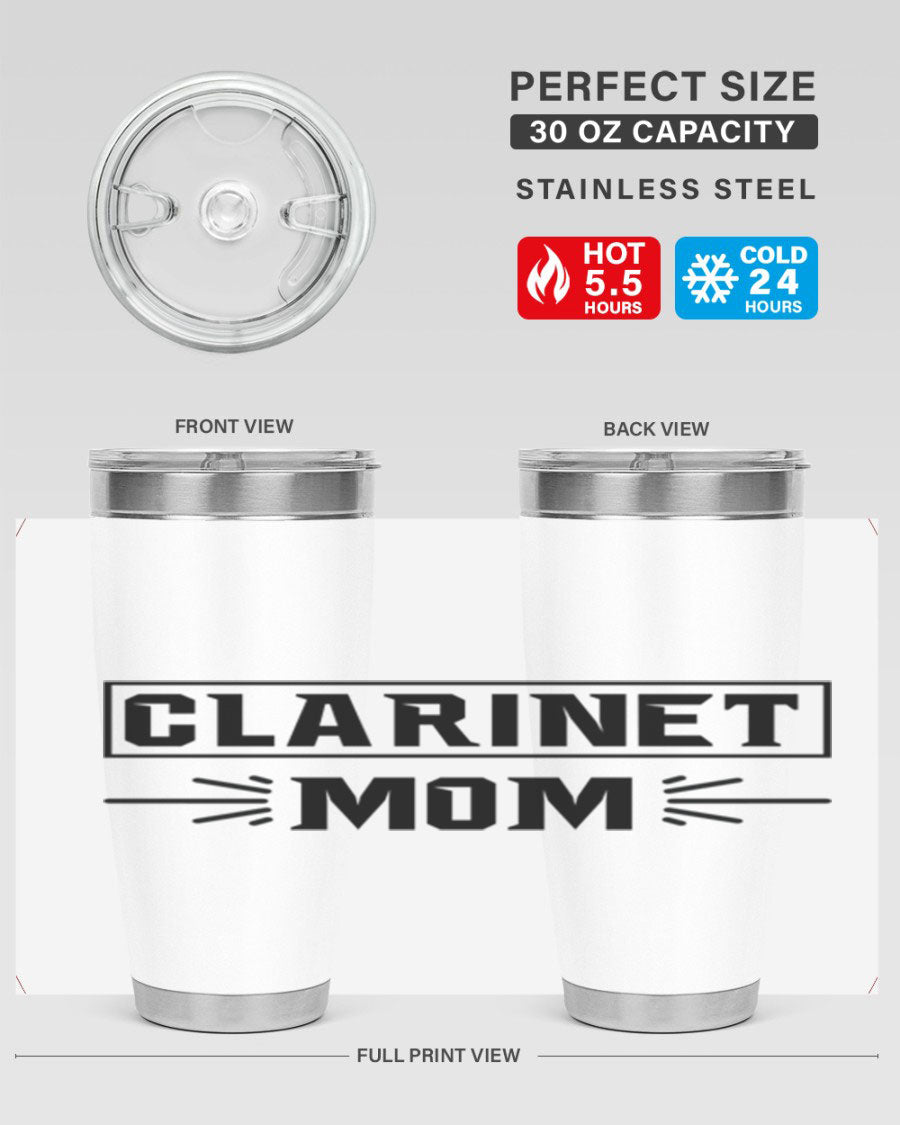 Clarinet Mom 20oz Tumbler featuring a stylish design, double wall vacuum insulation, and a drink-thru lid, perfect for music lovers.