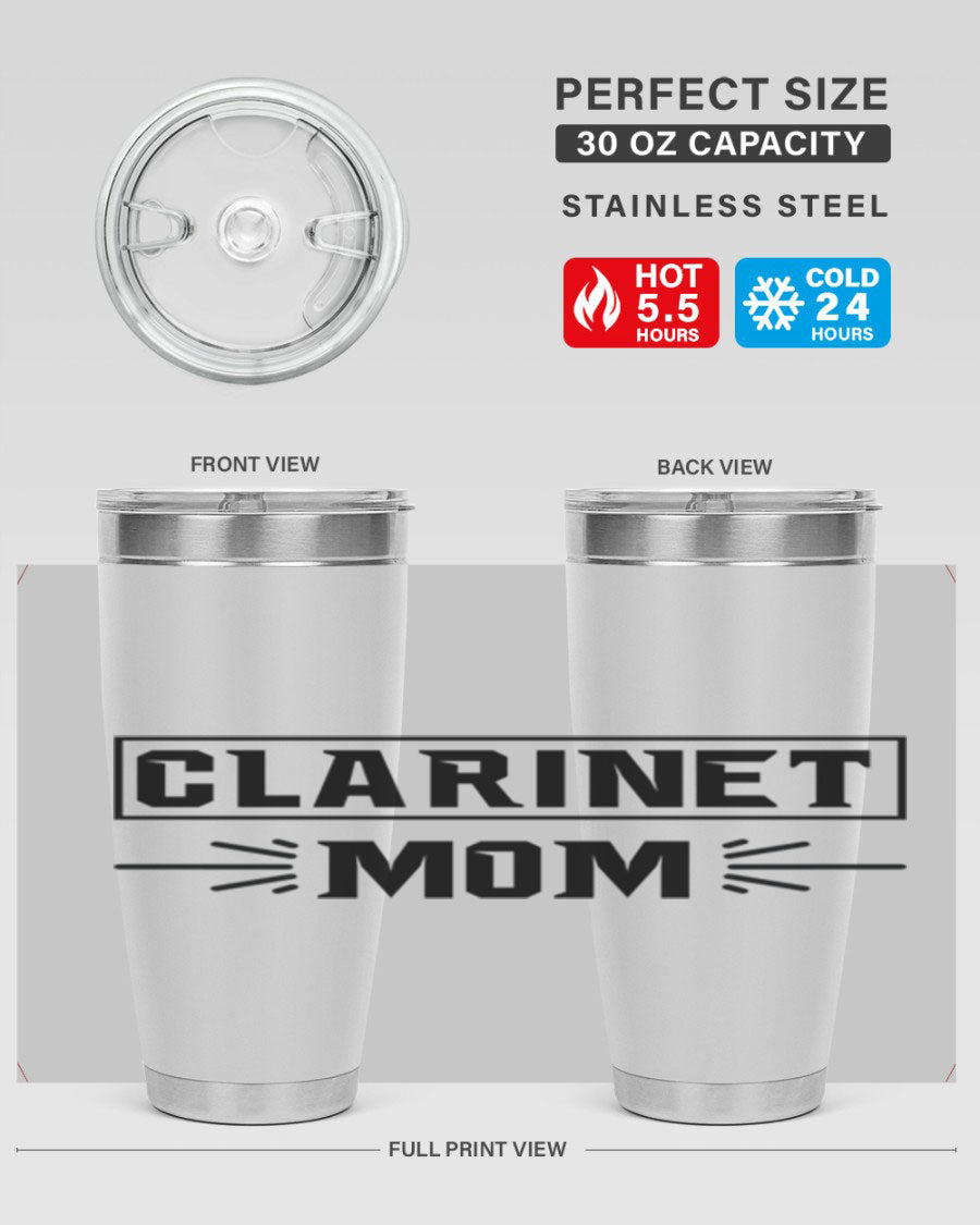 Clarinet Mom 20oz Tumbler featuring a stylish design, double wall vacuum insulation, and a drink-thru lid, perfect for music lovers.