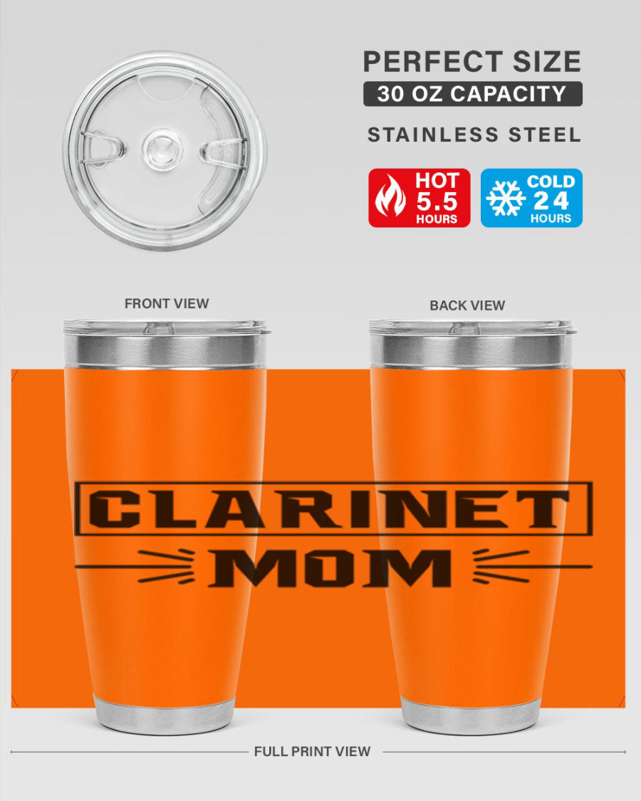 Clarinet Mom 20oz Tumbler featuring a stylish design, double wall vacuum insulation, and a drink-thru lid, perfect for music lovers.
