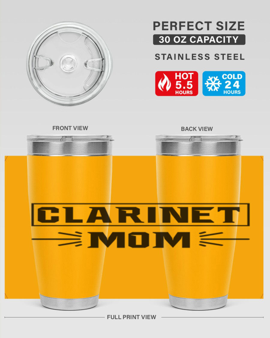 Clarinet Mom 20oz Tumbler featuring a stylish design, double wall vacuum insulation, and a drink-thru lid, perfect for music lovers.