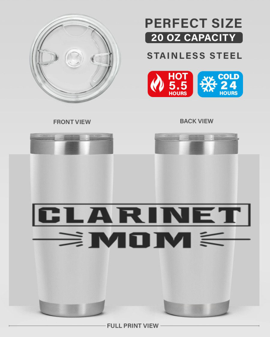 Clarinet Mom 20oz Tumbler featuring a stylish design, double wall vacuum insulation, and a drink-thru lid, perfect for music lovers.