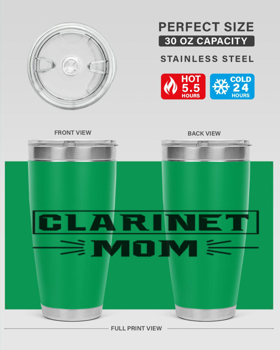 Clarinet Mom 20oz Tumbler featuring a stylish design, double wall vacuum insulation, and a drink-thru lid, perfect for music lovers.