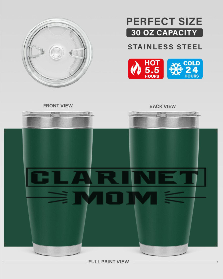Clarinet Mom 20oz Tumbler featuring a stylish design, double wall vacuum insulation, and a drink-thru lid, perfect for music lovers.