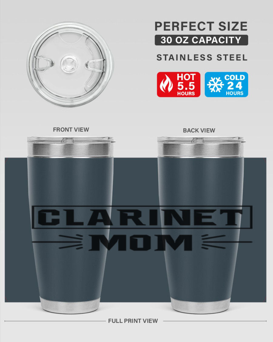 Clarinet Mom 20oz Tumbler featuring a stylish design, double wall vacuum insulation, and a drink-thru lid, perfect for music lovers.