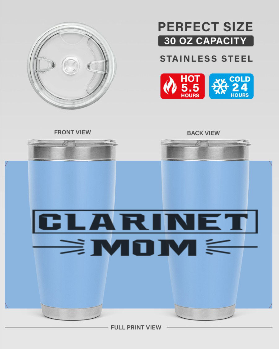 Clarinet Mom 20oz Tumbler featuring a stylish design, double wall vacuum insulation, and a drink-thru lid, perfect for music lovers.