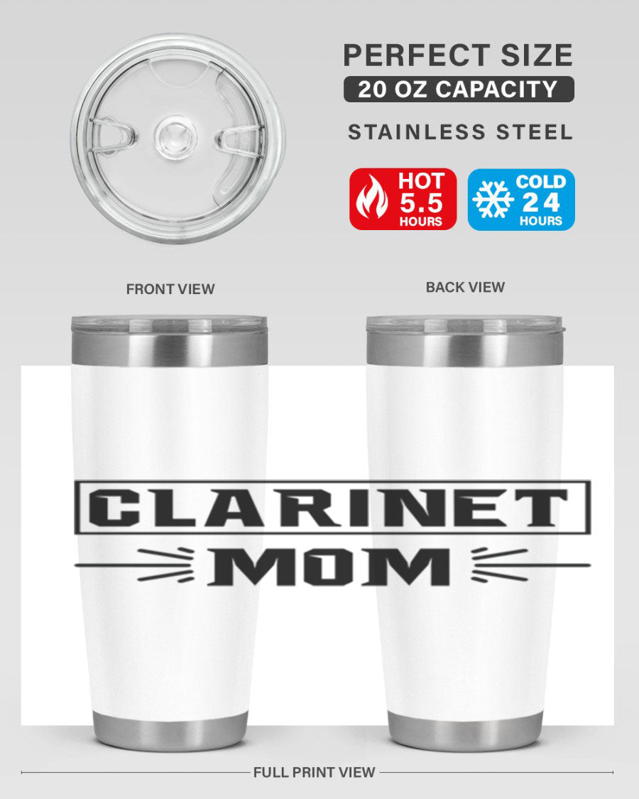 Clarinet Mom 20oz Tumbler featuring a stylish design, double wall vacuum insulation, and a drink-thru lid, perfect for music lovers.